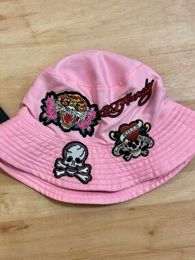 Ed Hardy Pink Skull & Tiger Embroidered Bucket Sun Hat